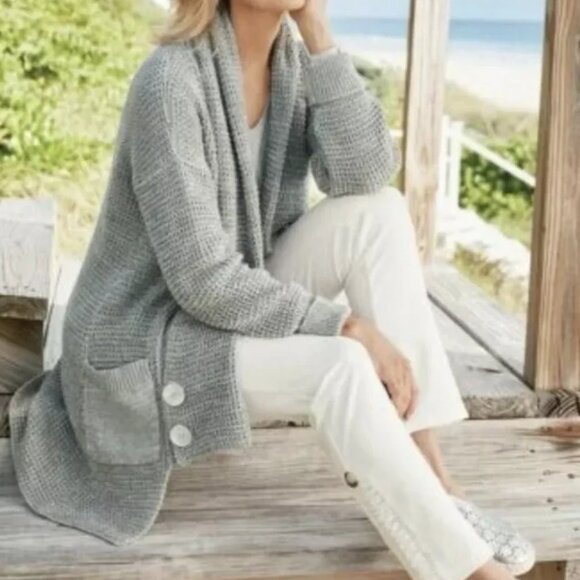 Soft Surroundings Townsend Cardigan L Shawl Collar Open Chunky Thick Knit Gray - Picture 3 of 8